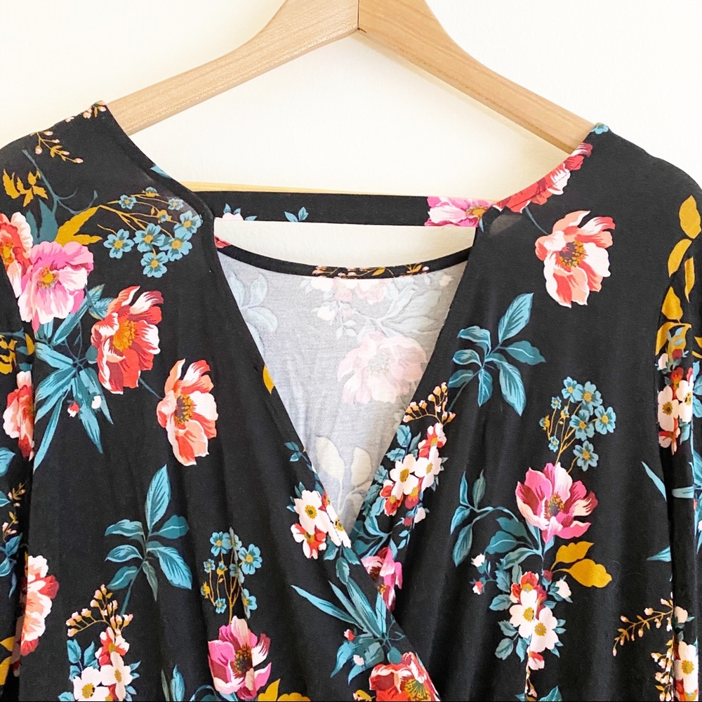 LOFT Floral Open Back Knit Long Sleeve Flare Skater Dress Black Pink 2 NWT - Picture 9 of 10